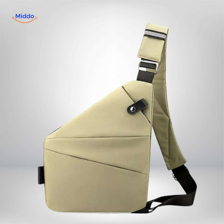 Adjustable beige chest bag with classic unisex design.