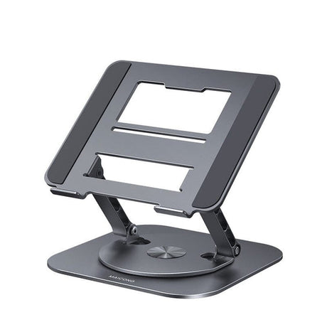 Adjustable grey laptop stand with 360 rotation and ergonomic viewing angle.