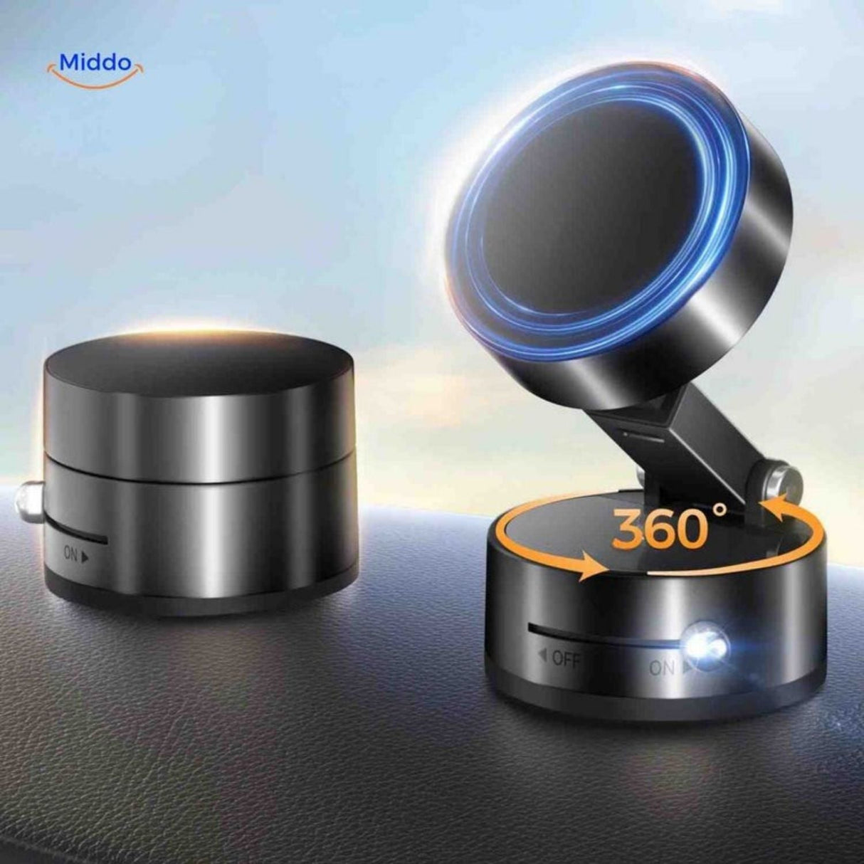 Adjustable phone mount with LED ring illumination for hands-free viewing.