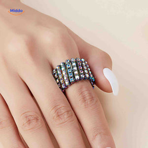 Adjustable ring bracelet in silver with crystal rhinestones, wide design.