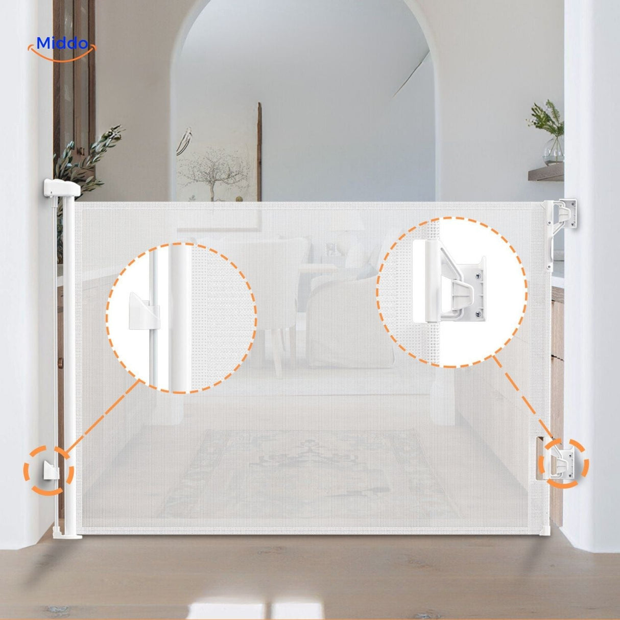 Wide adjustable retractable gate fitting various opening widths.
