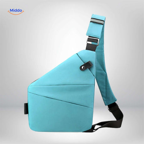 Light blue adjustable sling bag perfect fit demonstration.