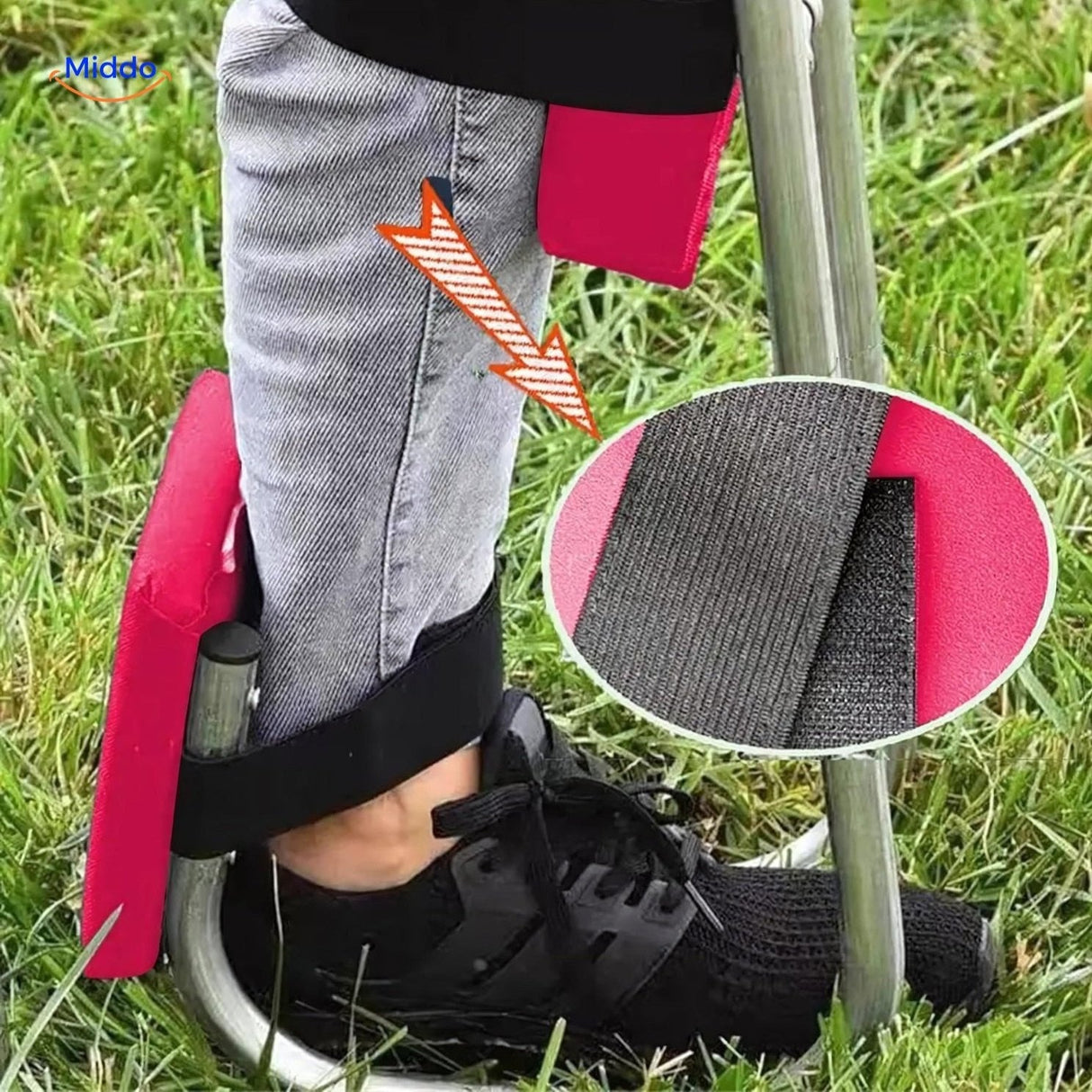 Close-up of the adjustable strap-on support bracket for secure and customized knee fit.