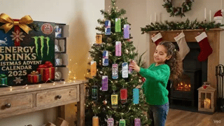 Child opening and discovering mini energy drink cans from the advent calendar.