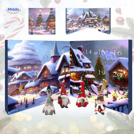 Plush advent calendar featuring miniature winter houses and festive gnomes.