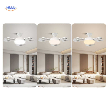 AeroGlow fan lamp with three selectable LED color temperatures for living room use.