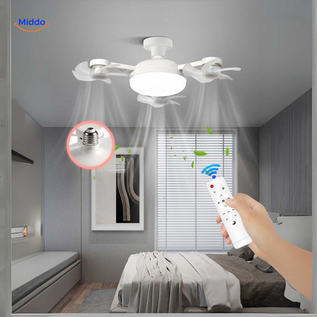 AeroGlow LED fan light with cool white light and E27 socket fitting controlled by remote.