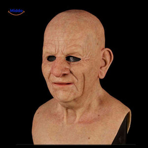 Realistic bald old man mask with warm smile and authentic facial wrinkles.