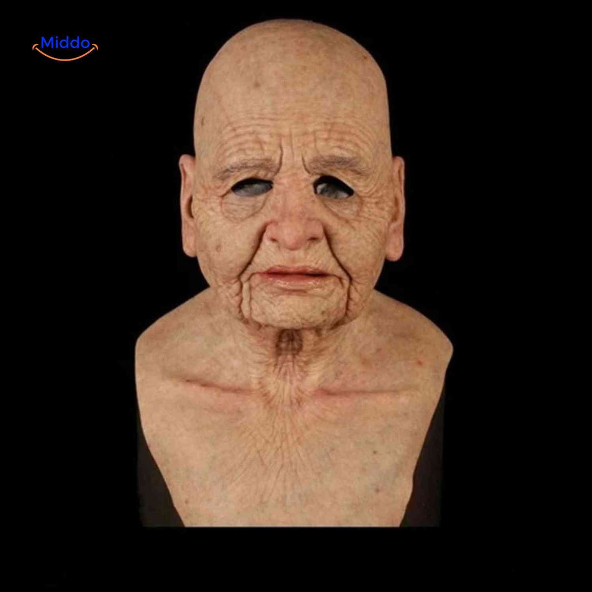 Realistic wrinkled old woman latex mask with aged facial details.