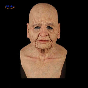 Realistic wrinkled old woman latex mask with aged facial details.