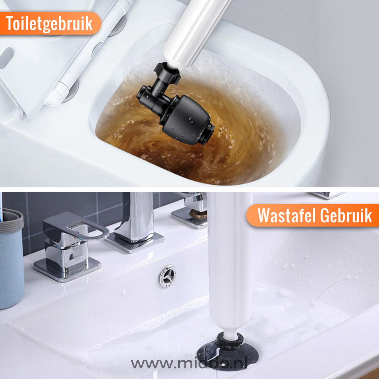 Air pressure drain cleaner clearing clogs from both toilet and washbasin drain pipes