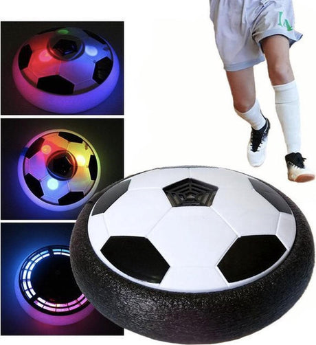 Hovering indoor soccer ball with vibrant LED lighting in multiple colors