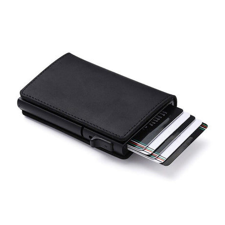 Black AirTag tracking wallet in everyday use showcasing slim profile and RFID protection.