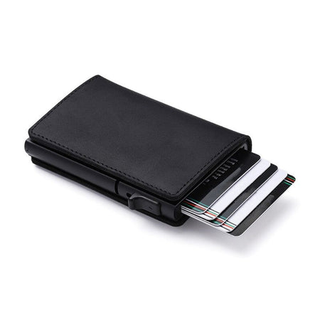 Black AirTag tracking wallet in everyday use showcasing slim profile and RFID protection.