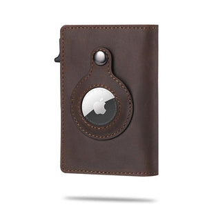 AirTag tracking wallet in coffee brown leather featuring RFID blocking technology.