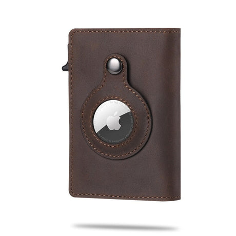 AirTag tracking wallet in coffee brown leather featuring RFID blocking technology.