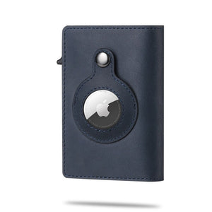 Ryte AirTag wallet in navy blue premium leather with trackable and RFID protection.