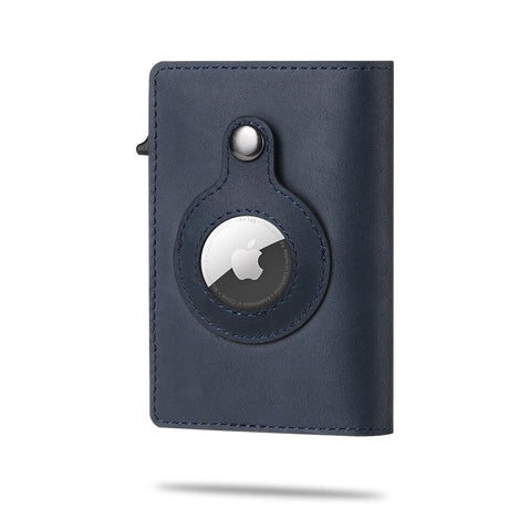 Ryte AirTag wallet in navy blue premium leather with trackable and RFID protection.