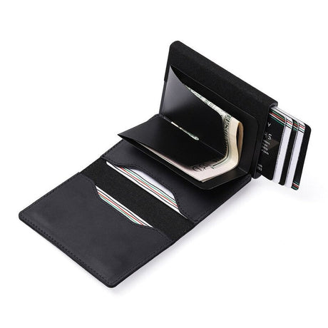 Interior view of AirTag wallet showing open design and RFID-blocking card slots.