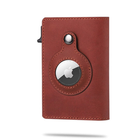 Ryte AirTag wallet in reddish-brown tone with trackable pocket and RFID protection.