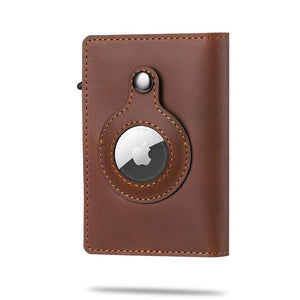 AirTag-enabled wallet in warm brown leather with integrated RFID-blocking design.