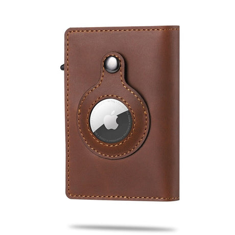 AirTag-enabled wallet in warm brown leather with integrated RFID-blocking design.