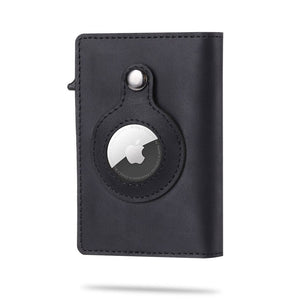 AirTag wallet showing integrated Apple AirTag tracking pocket with secure RFID blocking.