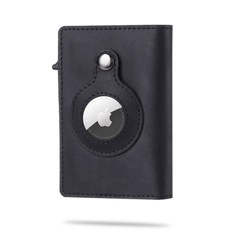 AirTag wallet showing integrated Apple AirTag tracking pocket with secure RFID blocking.