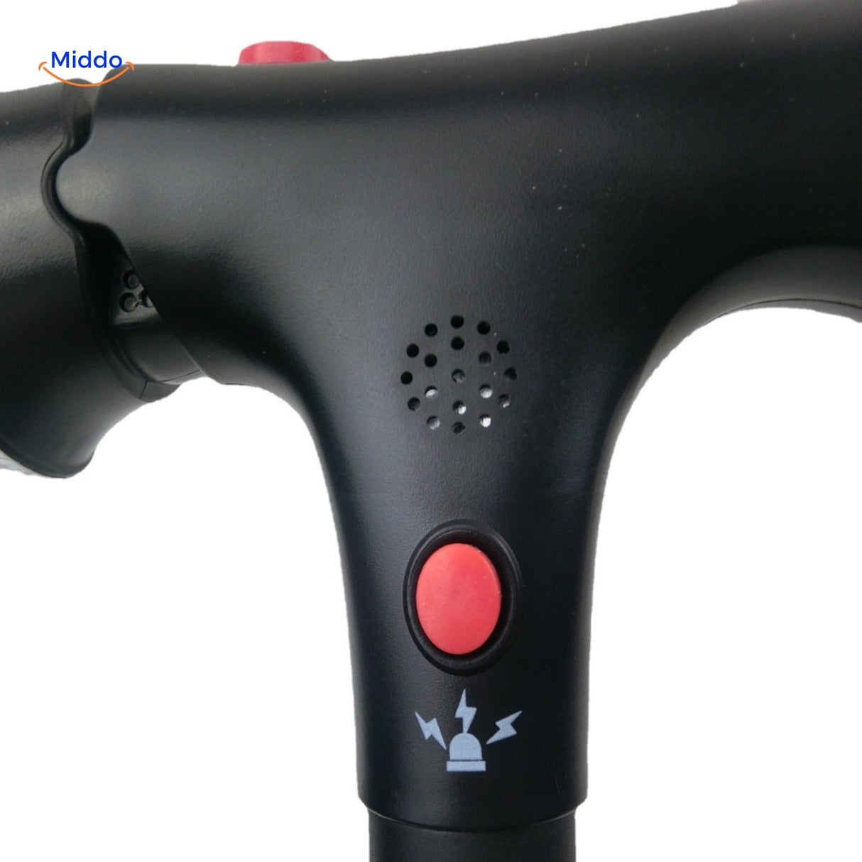 Close-up of AluCare cane button showing SOS alarm activation and control features.