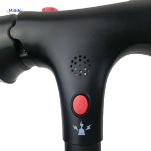 Close-up of AluCare cane button showing SOS alarm activation and control features.