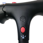 Close-up of AluCare cane button showing SOS alarm activation and control features.