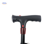 Close-up of AluCare cane control button, height adjustment lever, and instruction guide.