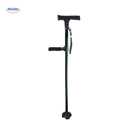 AluCare walking cane shown in both folded and fully extended standing positions.