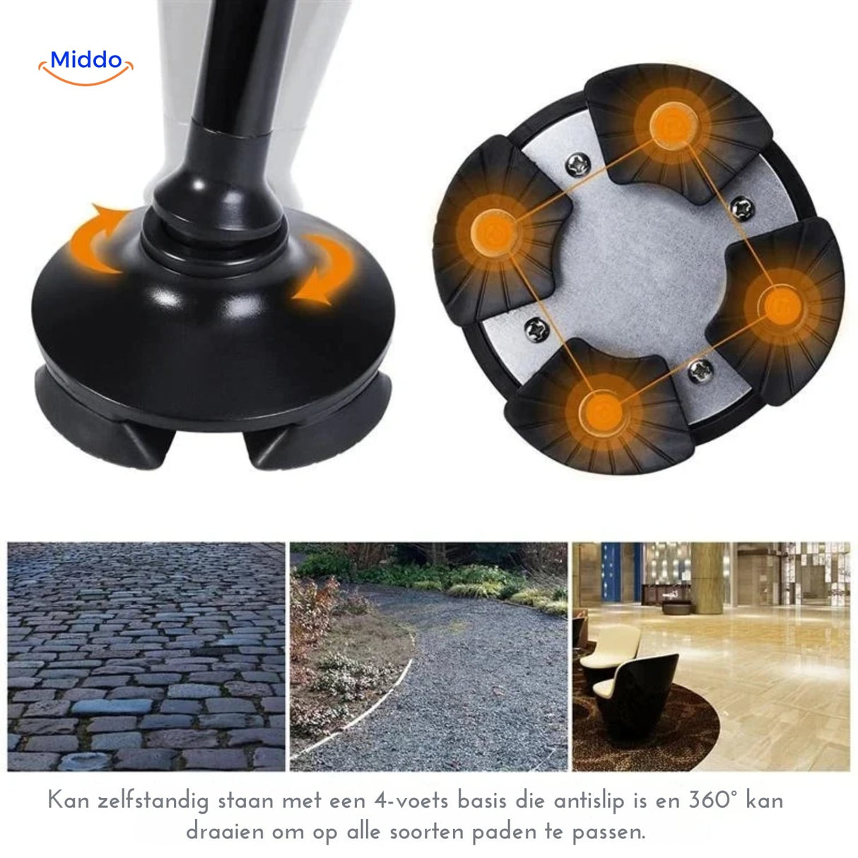 AluCare cane rotating base designed for stability on various terrain conditions.