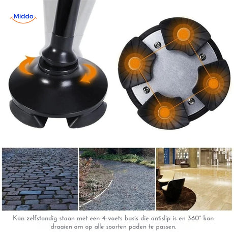 AluCare cane rotating base designed for stability on various terrain conditions.