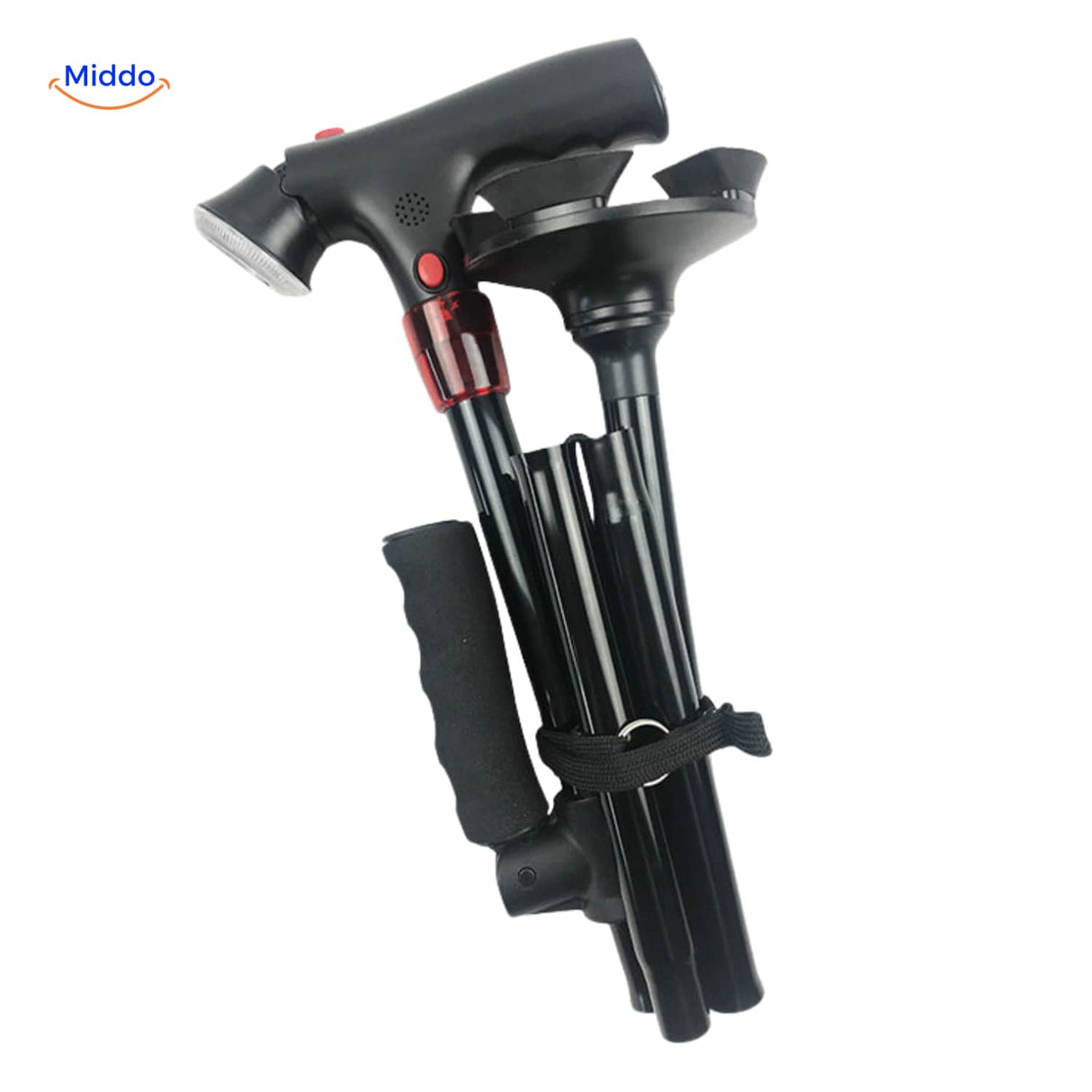 Compact folded AluCare cane displayed with user manual and instructions.