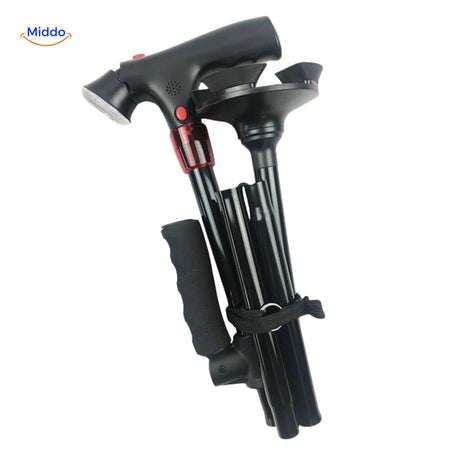 Compact folded AluCare cane displayed with user manual and instructions.