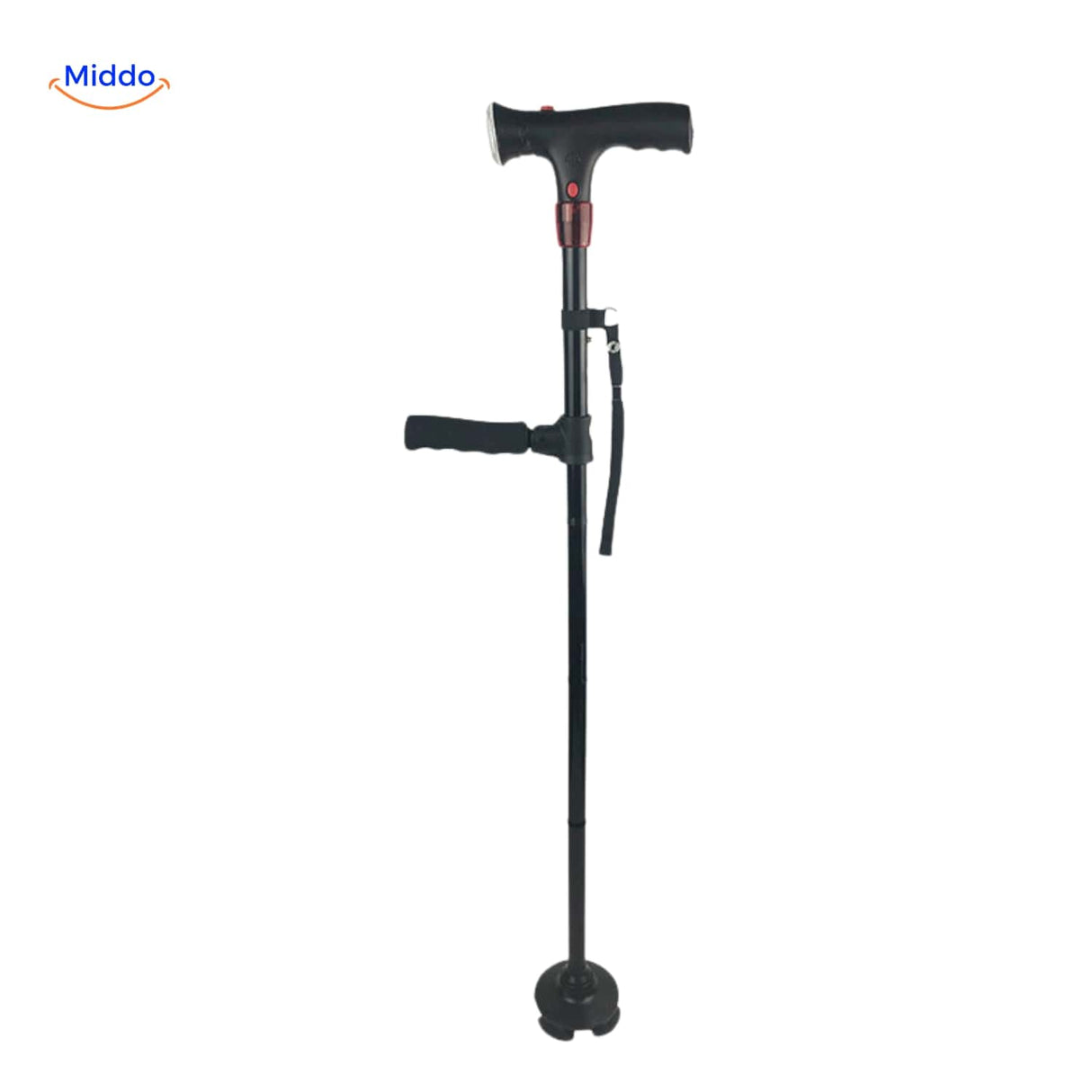 AluCare folding walking cane with adjustable height and integrated LED light.