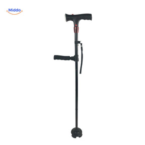 AluCare folding walking cane with adjustable height and integrated LED light.