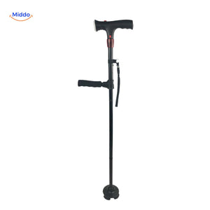 AluCare folding walking cane with adjustable height and integrated LED light.