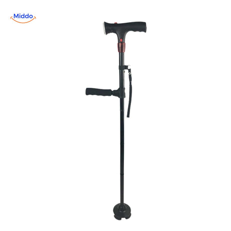 AluCare folding walking cane with adjustable height and integrated LED light.