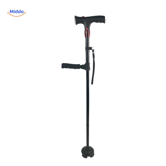 AluCare folding walking cane with adjustable height and integrated LED light.