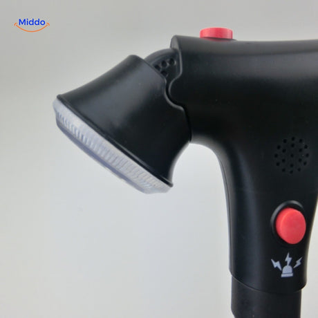 Detailed view of AluCare LED lamp head and illumination control button.