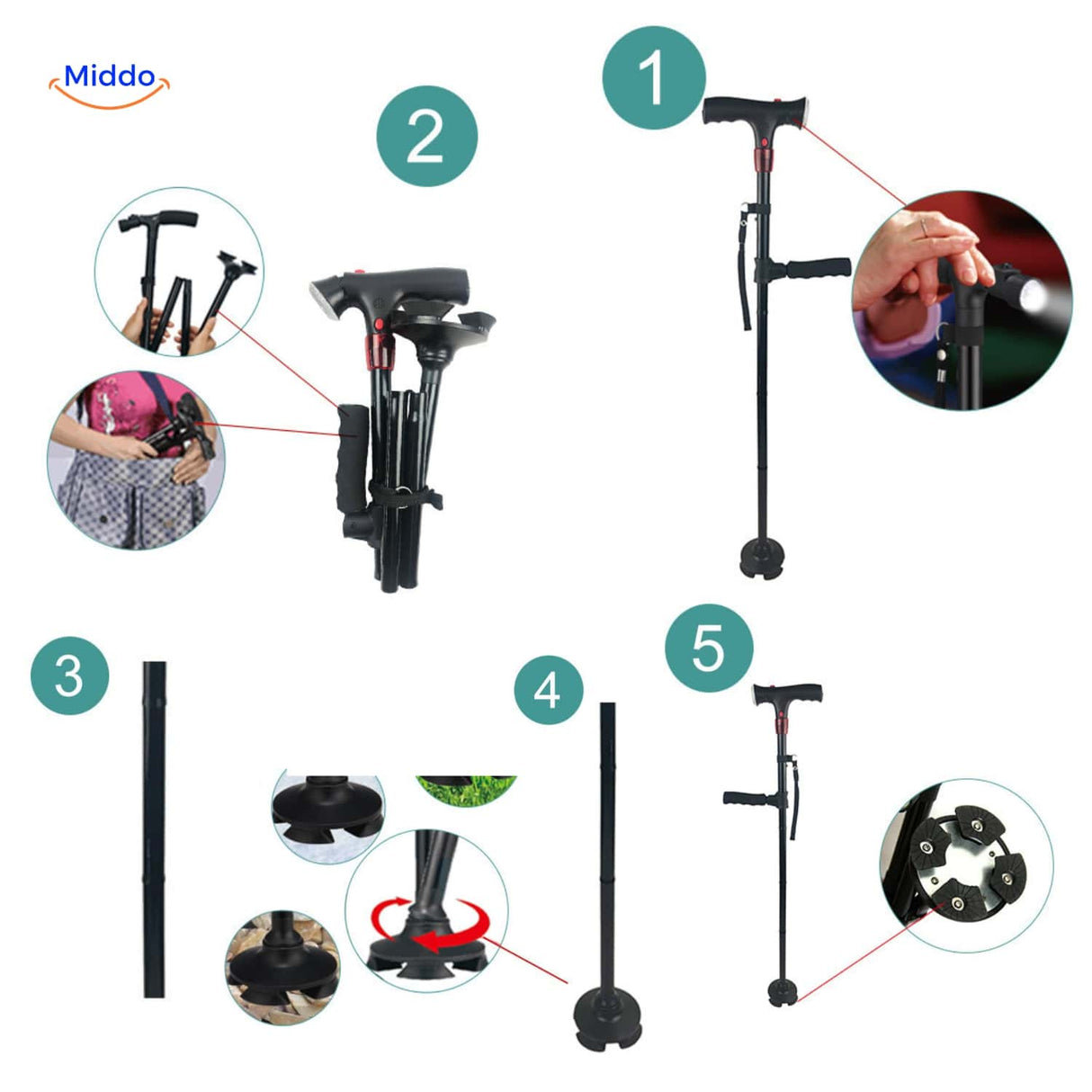 AluCare walking cane featuring LED lamp and built-in SOS emergency alarm system.