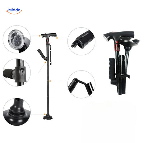 AluCare cane LED lighting system with folded view and detail of adjustment settings.