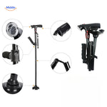 AluCare cane LED lighting system with folded view and detail of adjustment settings.