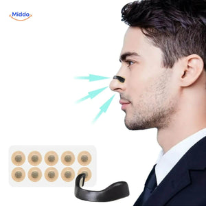 Anti-snore nasal dilator shown in use for enhanced breathing performance.