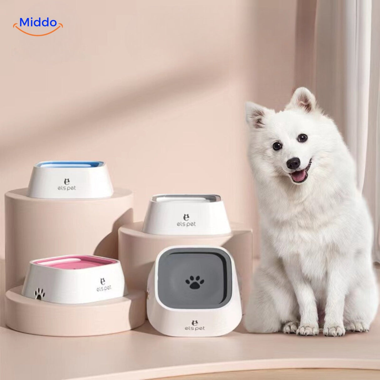 Anti-splash dog water bowl with happy dog enjoying clean drinking on dry floors.