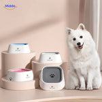 Anti-splash dog water bowl with happy dog enjoying clean drinking on dry floors.