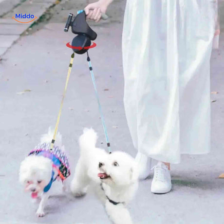 Anti-tangle dual dog leash keeping two dogs walking smoothly together.